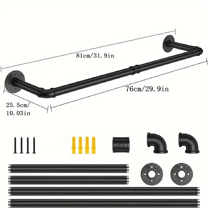 Portant Mural Industriel en Métal Noir – Barre de Suspension pour Vêtements et Présentoir Boutique