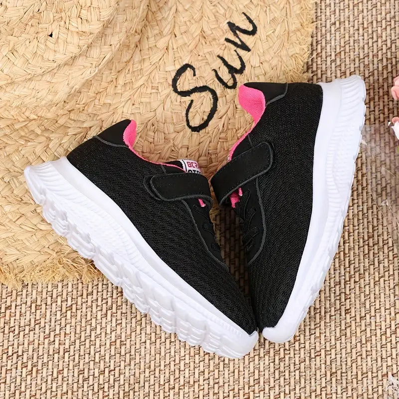 Baskets fille noires à scratch – Chaussures légères sans lacets confortables et respirantes