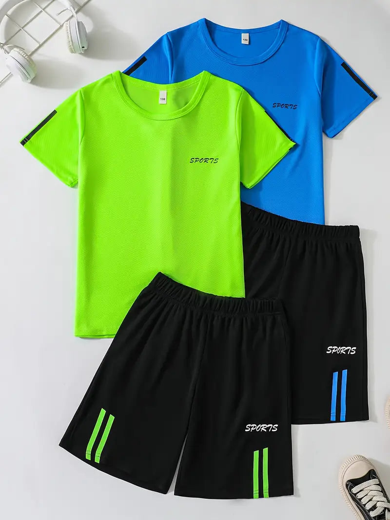Ensemble sport garçon avec t-shirt respirant et short noir – tenue légère pour activités et loisirs