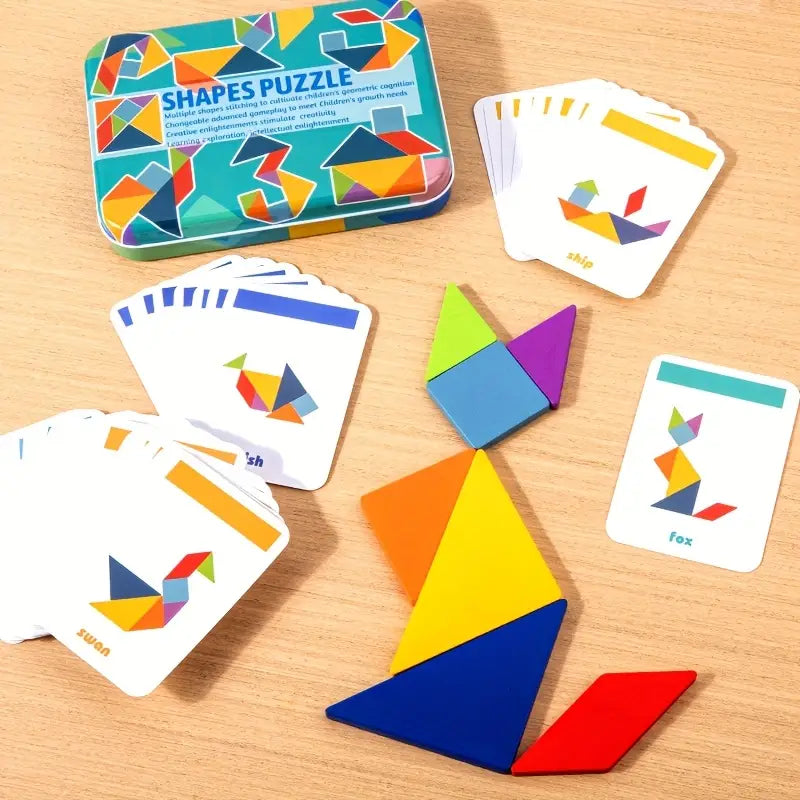 Jeu de Tangram en Bois avec Cartes Défi – Puzzle Éducatif Géométrique pour Enfants et Adultes