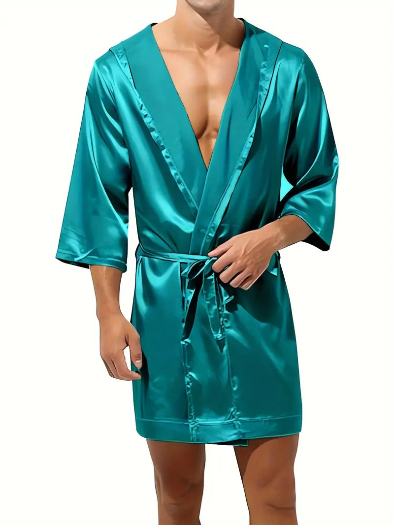 Peignoir sexy homme en satin – Kimono court brillant avec ceinture, Élégance & séduction