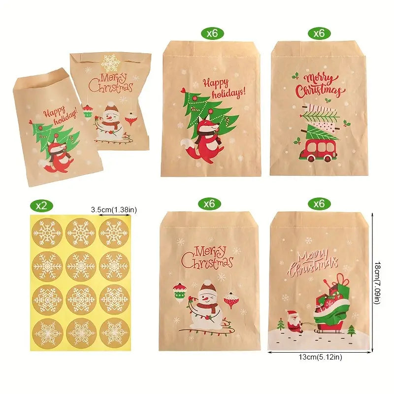 Sachets Cadeaux de Noël Kraft avec Stickers – Sacs Papier Emballage Fêtes et Surprises
