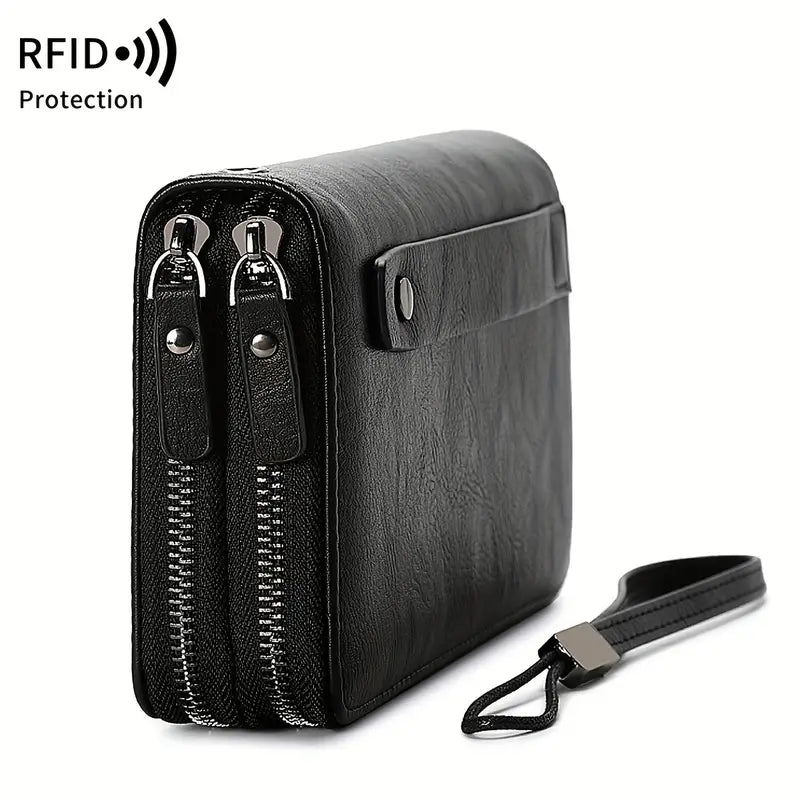 Portefeuille homme en cuir avec dragonne  Multi-compartiments, fermeture zippée, élégant et pratique