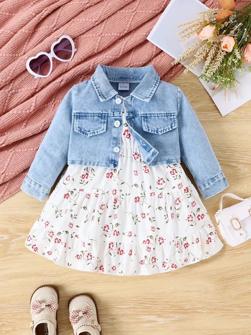 Robe Bébé Fille à Fleurs avec Haut en Jean – Tenue Printemps Été Élégante