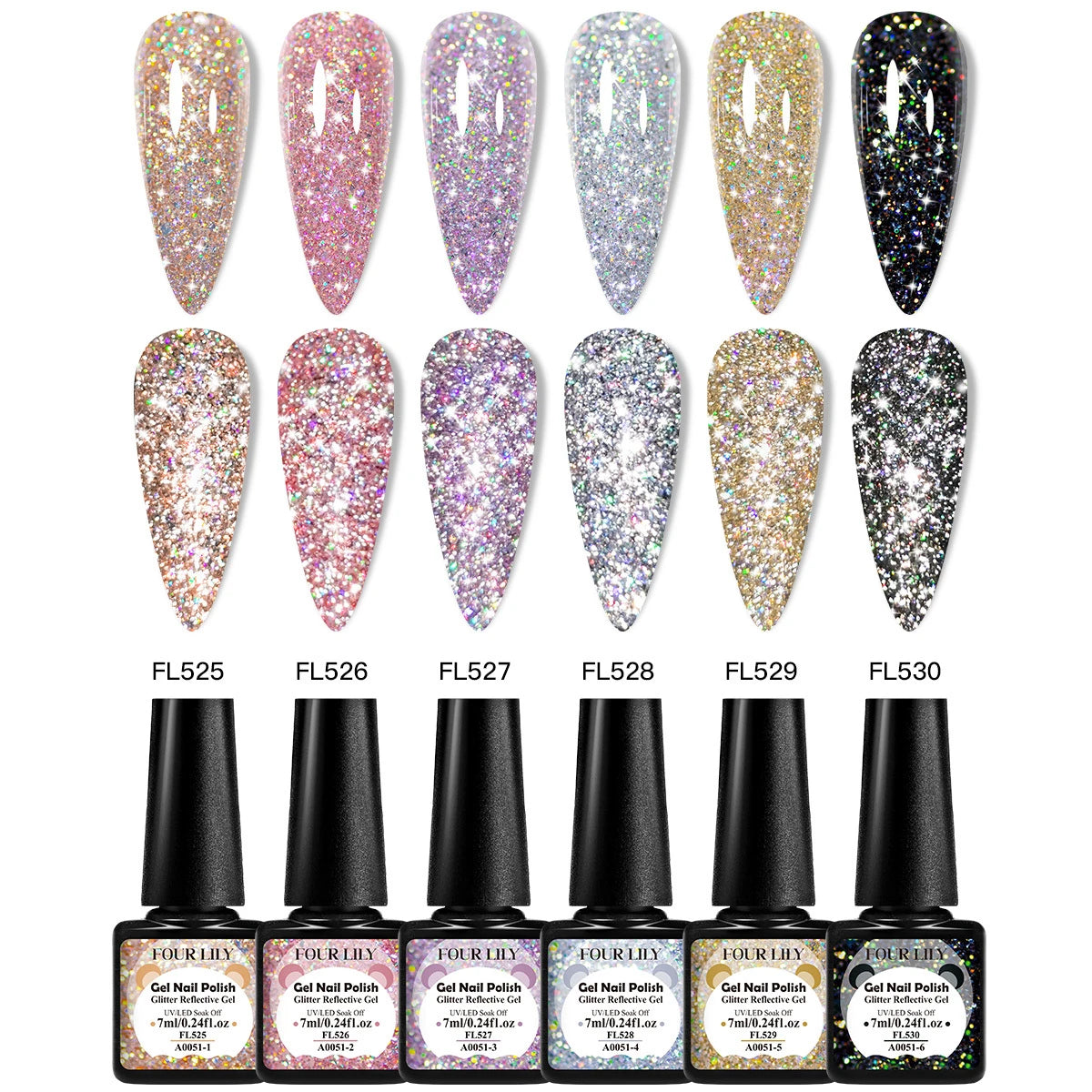 Vernis Gel à Paillettes FOUR LILY – Effet Glitter Intense 7ml FL525–FL530, UV/LED Longue Tenue