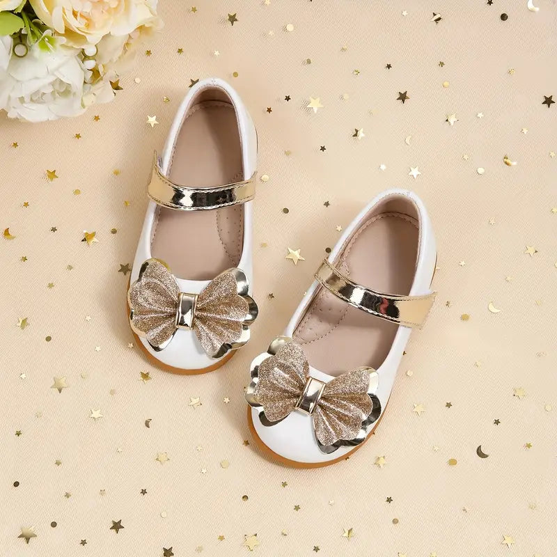 Chaussures fille élégantes sans lacets – Mocassins dorés avec nœud papillon pour cérémonie et fête
