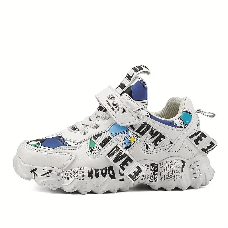 Baskets garçon – Chaussures de sport blanches à motifs graffitis noir et rouge tendance et confortables