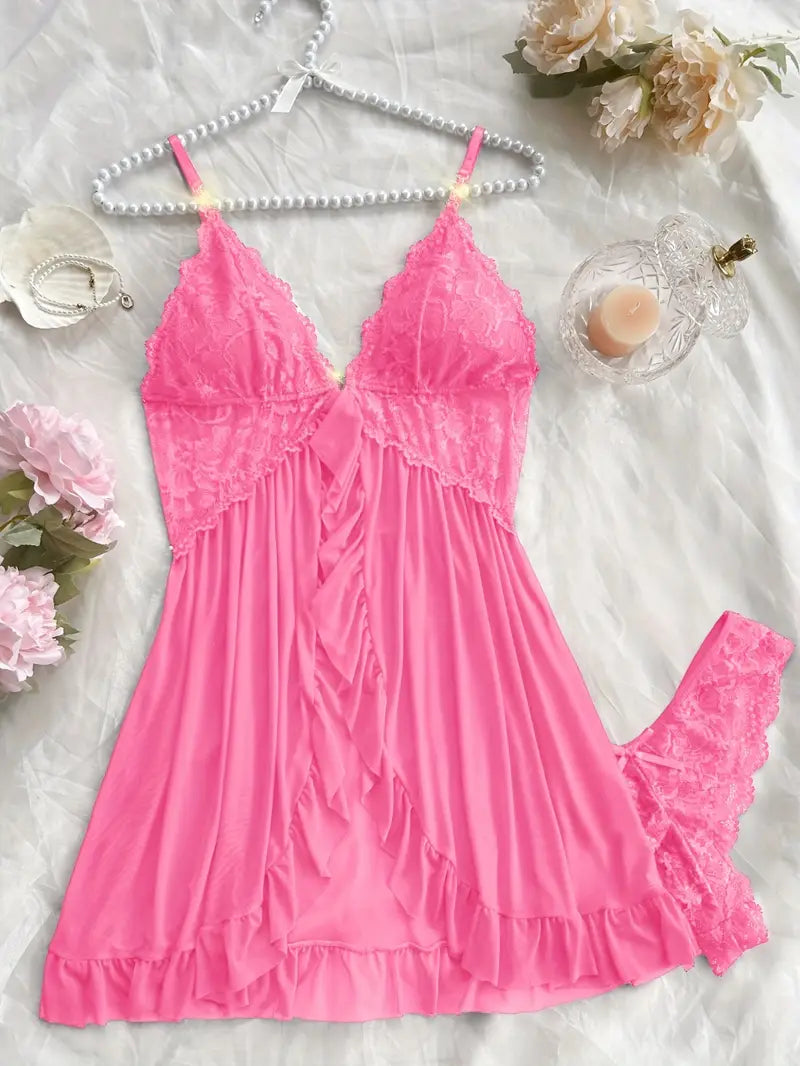 Nuisette Femme Dentelle et Volants – Sous-vêtements et Pyjamas Sexy & Élégants avec String Assorti