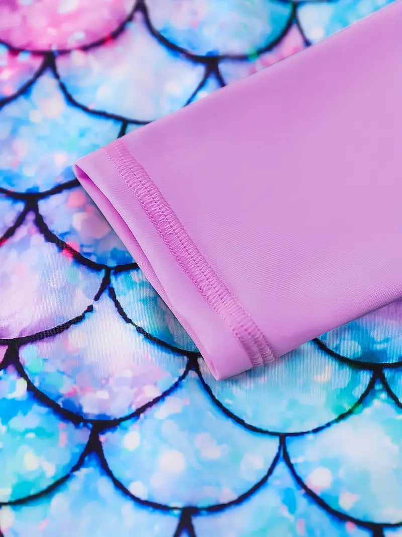 Maillot de bain fille une pièce manches longues – Combinaison sirène motif écailles multicolores