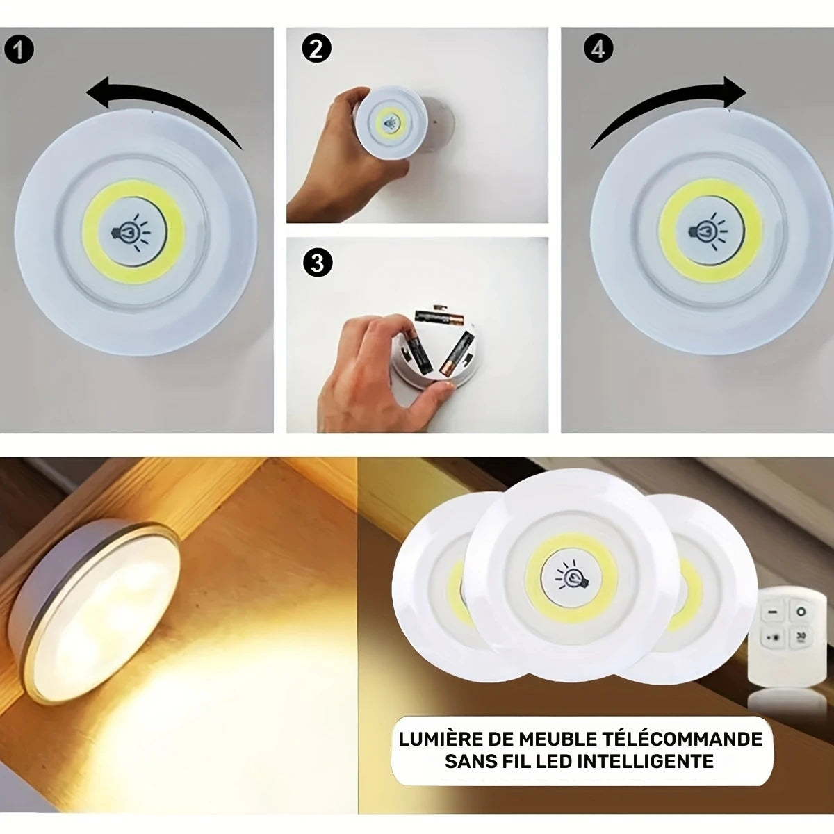 Lumières LED sans fil avec télécommande – Éclairage tactile à intensité réglable avec minuterie, Idéal pour placards, escaliers, cuisine ou chambre, Pack de 3 ou 6 spots