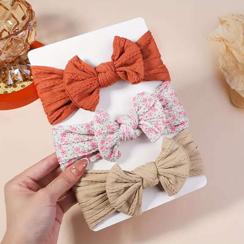 Lot de 3 Bandeaux Noués en Coton Doux, Headbands Élastiques avec Grand Nœud pour Filles Nouveau-Nés et Enfants