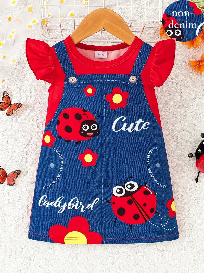 obe Bébé Fille en Jean Imprimé Coccinelle – Tenue Mignonne et Colorée