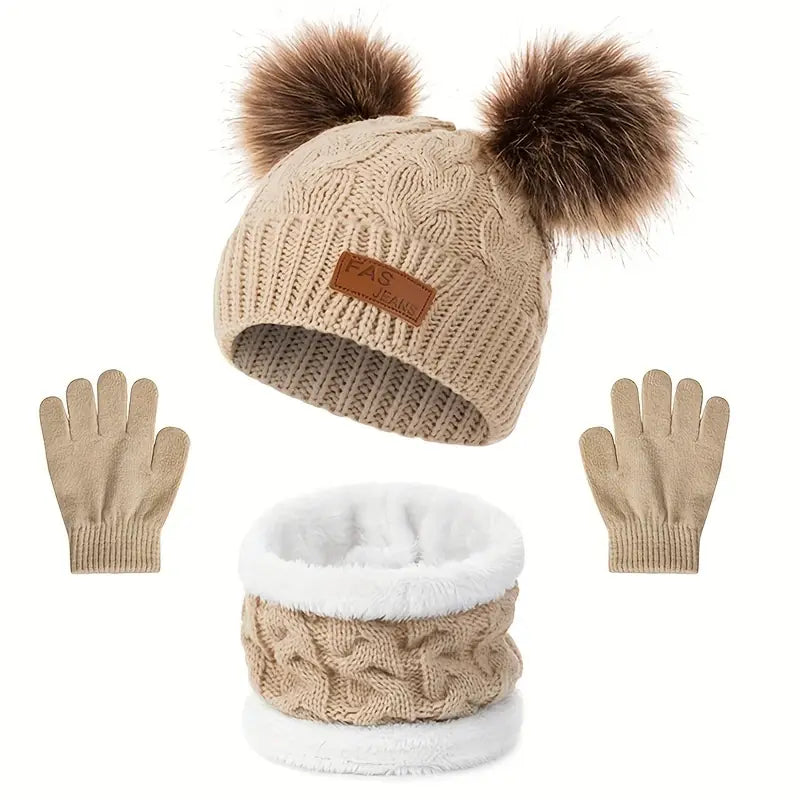 Ensemble Hiver Enfant – Bonnet Pompons Fourrure, Écharpe Tube et Gants Chauds