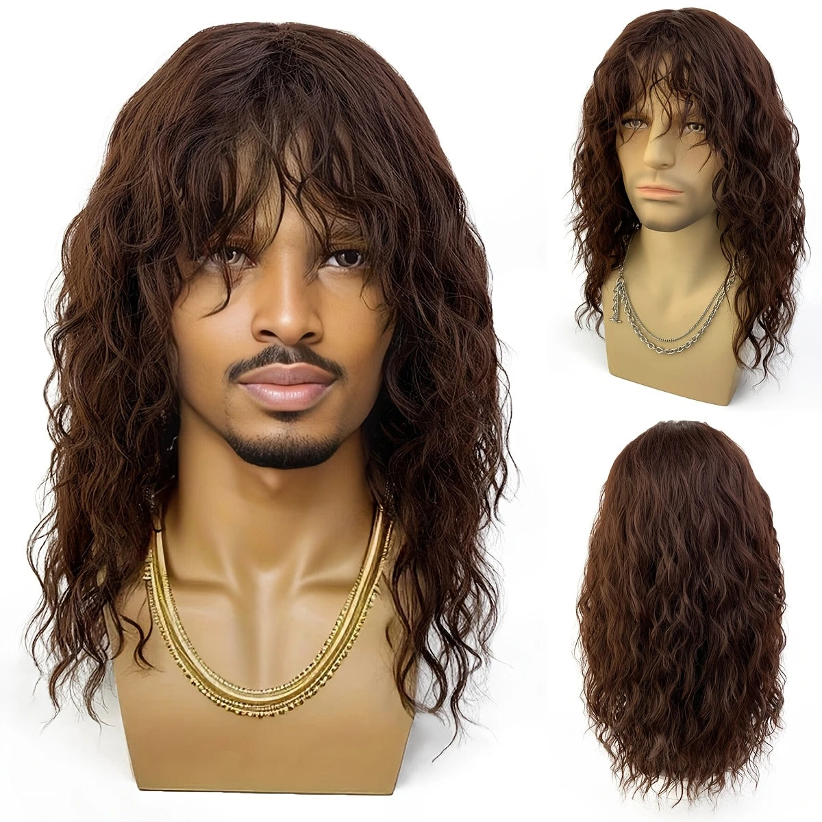 Perruque Homme Longue Ondulée avec Frange – Cheveux Synthétiques Naturels pour Déguisement ou Look Rock