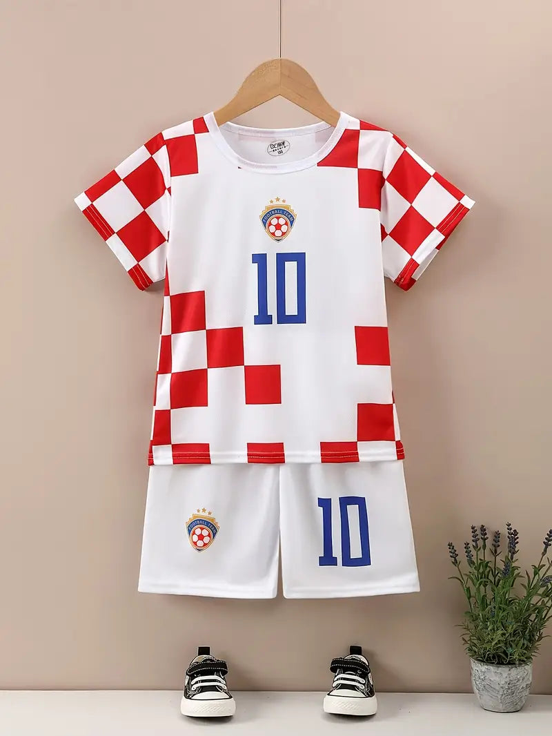 Ensemble Football Enfant – Maillot et Short de Sport Blanc à Carreaux Rouges
