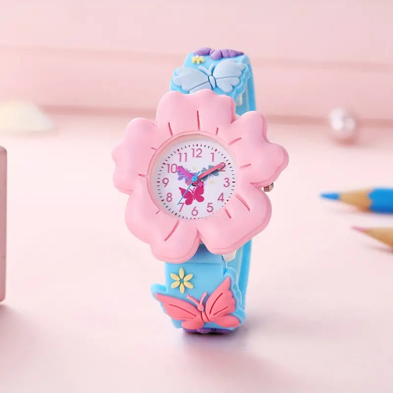 Montre Enfant Fille Fleur Violette et Papillon – Bracelet Silicone Rose, Apprentissage de l’Heure
