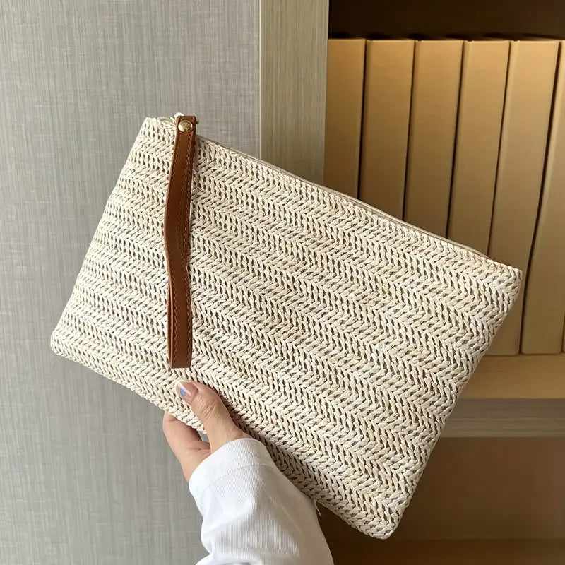 Pochette en paille tressée femme – Sac de soirée bohème chic avec dragonne