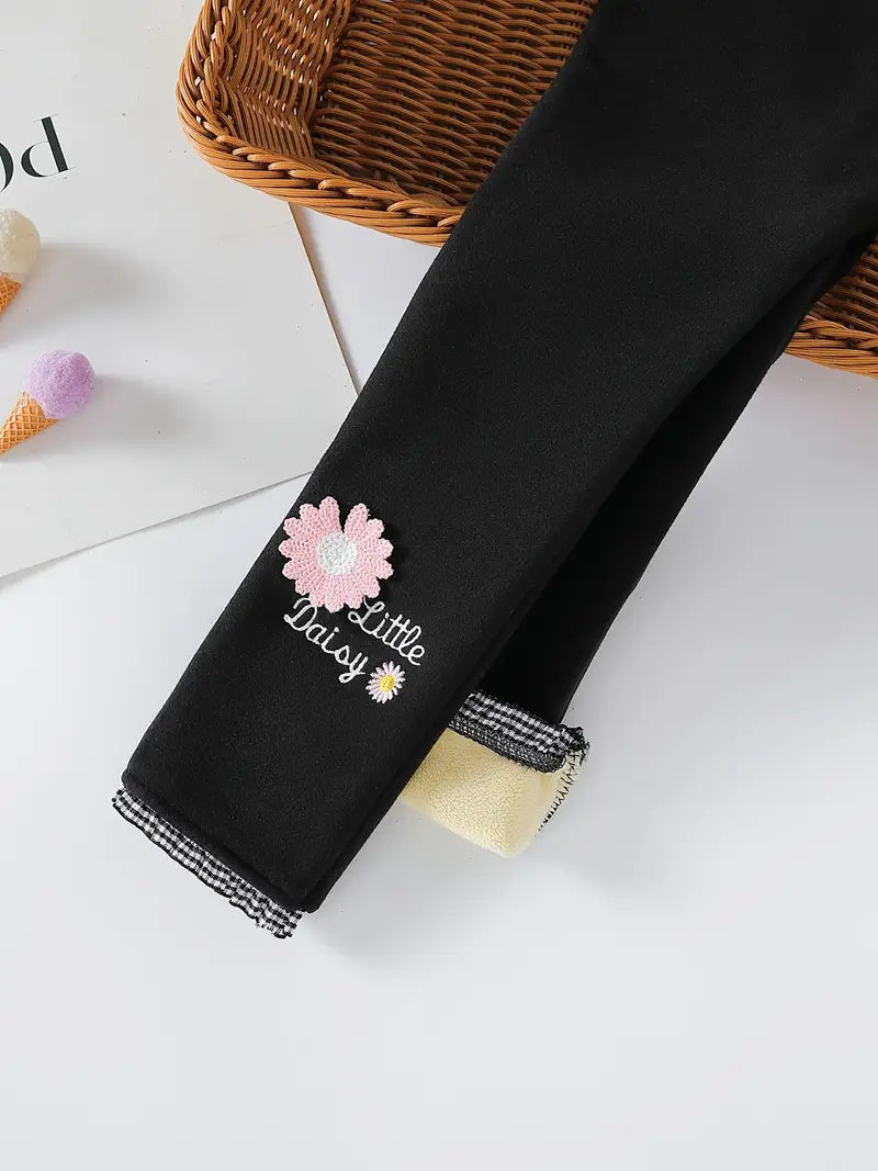 Pantalon Legging Fille Hiver – Doublé Chaud avec Motif Fleur Daisy