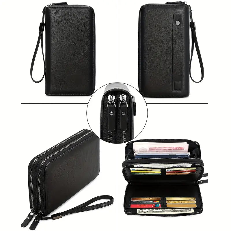 Portefeuille homme en cuir avec dragonne  Multi-compartiments, fermeture zippée, élégant et pratique