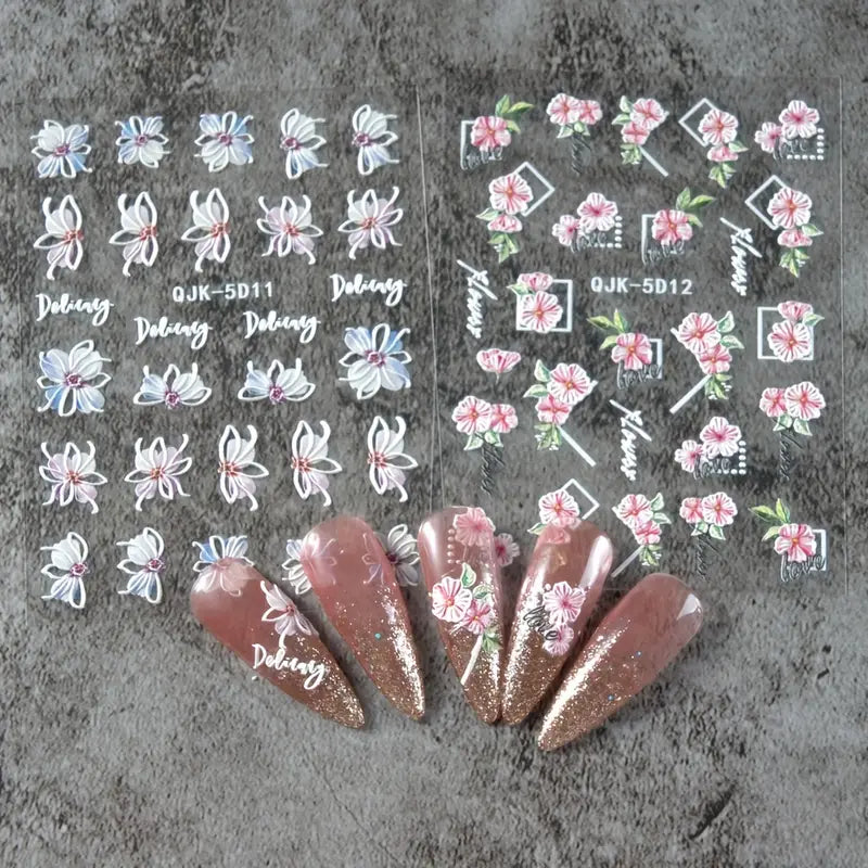 Stickers Nail Art Fleurs 3D – Décorations Ongles Autocollantes pour Manucure Florale Élégante