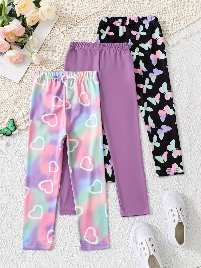 Lot de 3 Leggings Fille – Pantalons Colorés Motifs Cœurs, Papillons et Uni Violet