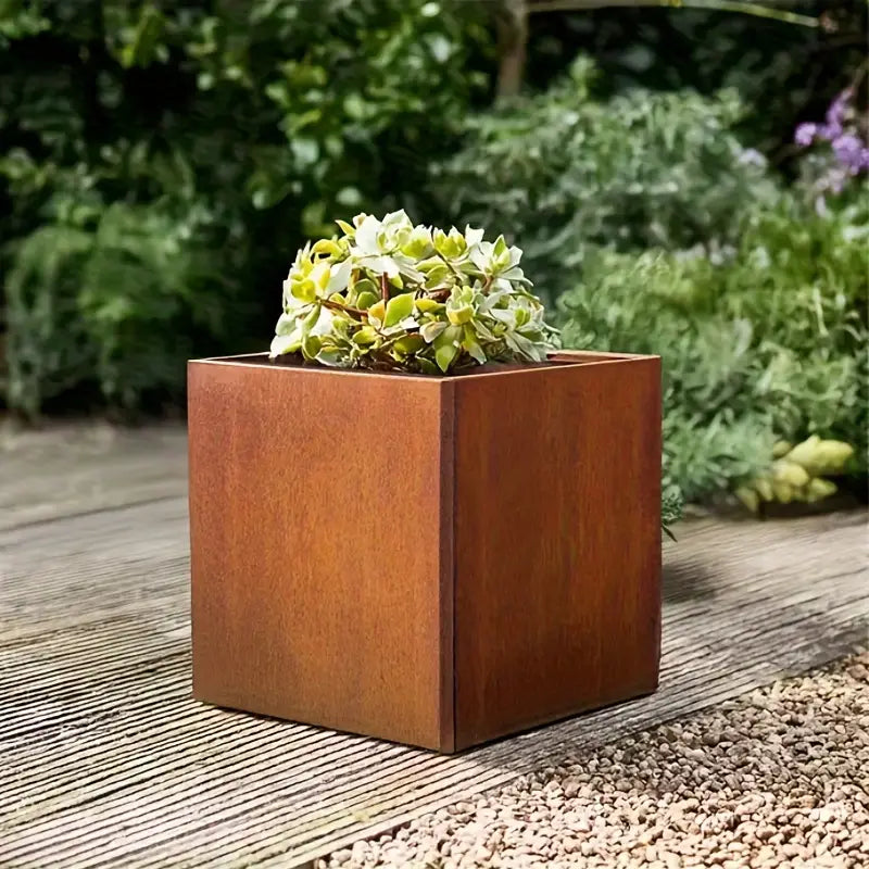 Grande jardinière carrée effet rouille – Pot de fleurs design pour extérieur, terrasse et jardin