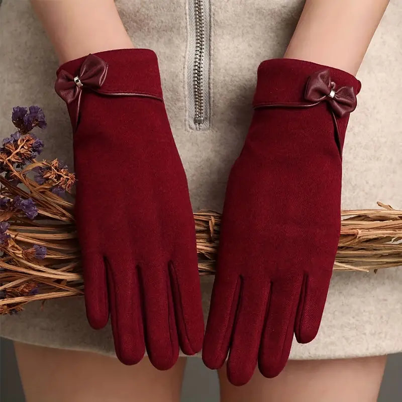 Gants femme élégants en laine chaude avec nœud décoratif – Accessoire chic pour l’hiver