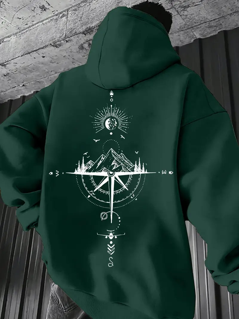 Sweat à capuche homme – Hoodie gris sport avec imprimé boussole & montagne – Style streetwear et confort