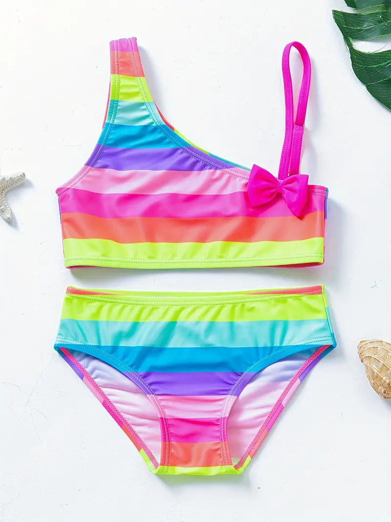 Maillot de bain fille deux pièces sirène – Bikini écailles multicolores avec volants roses