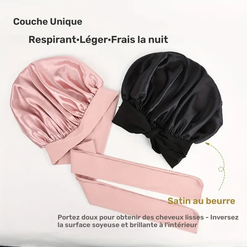 Bonnet en Satin avec Nœud – Protection Cheveux Nuit pour Boucles, Lissage et Coiffures Préservées