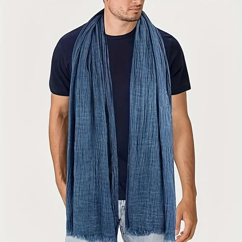 Écharpe homme bleu denim – Foulard long en coton léger avec finitions effilées