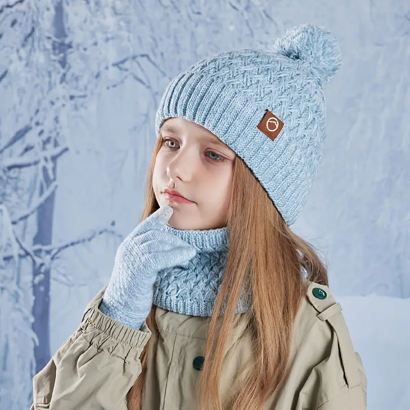 Ensemble Bonnet, Écharpe et Gants Enfant – Hiver Chaud Tricot avec Pompon