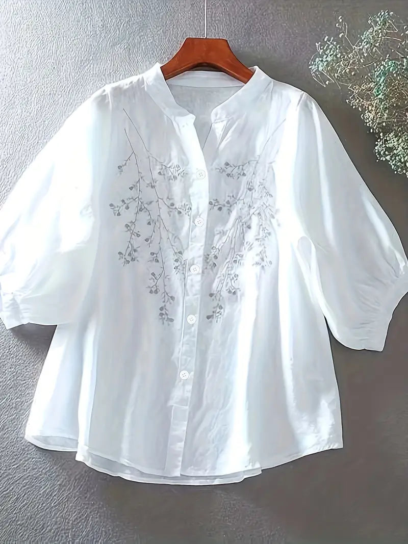 Chemisier Blanc Femme en Coton avec Broderie Florale – Haut Chic Élégant Printemps Été