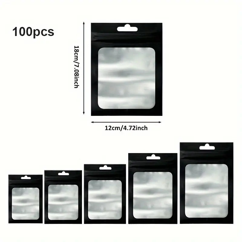 Lot de 100 Sacs Zip Transparente avec Fenêtre – Sachets Refermables Noir Mat 20x30cm pour Emballage et Expédition