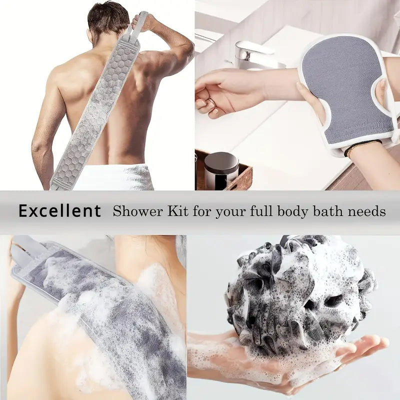 Kit de Gommage Douche 3 Pièces – Bande Exfoliante Dos, Gant de Bain et Fleur de Douche pour Soin du Corps