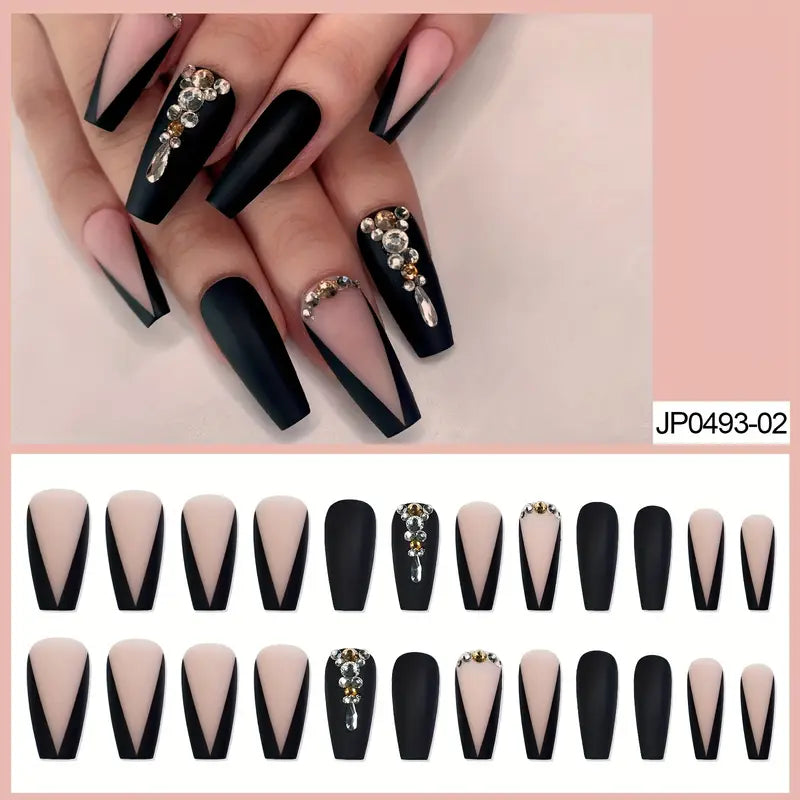 Faux Ongles Noirs et Nude Mat avec Strass – Design Pointu Élégant, Kit de 24 Pièces Prêt à Poser