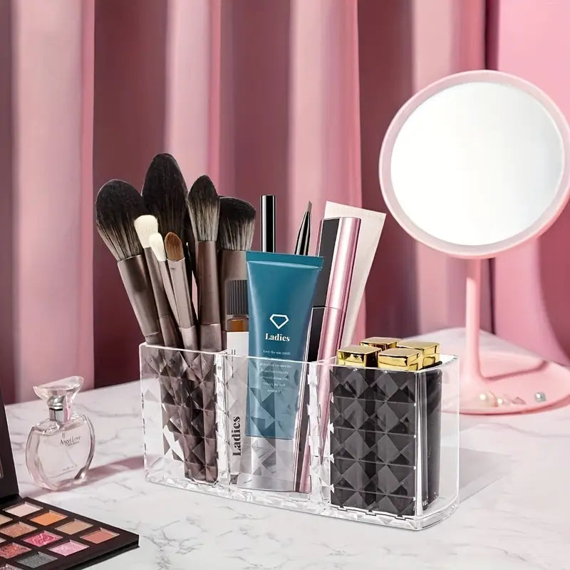 Organisateur Maquillage Transparent à 3 Compartiments – Rangement Pinceaux, Stylos et Accessoires Beauté