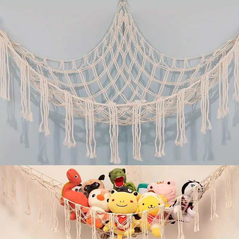 Filet de Rangement Suspendu en Macramé – Hammac de Rangement pour Peluches, Jouets et Accessoires Bébé