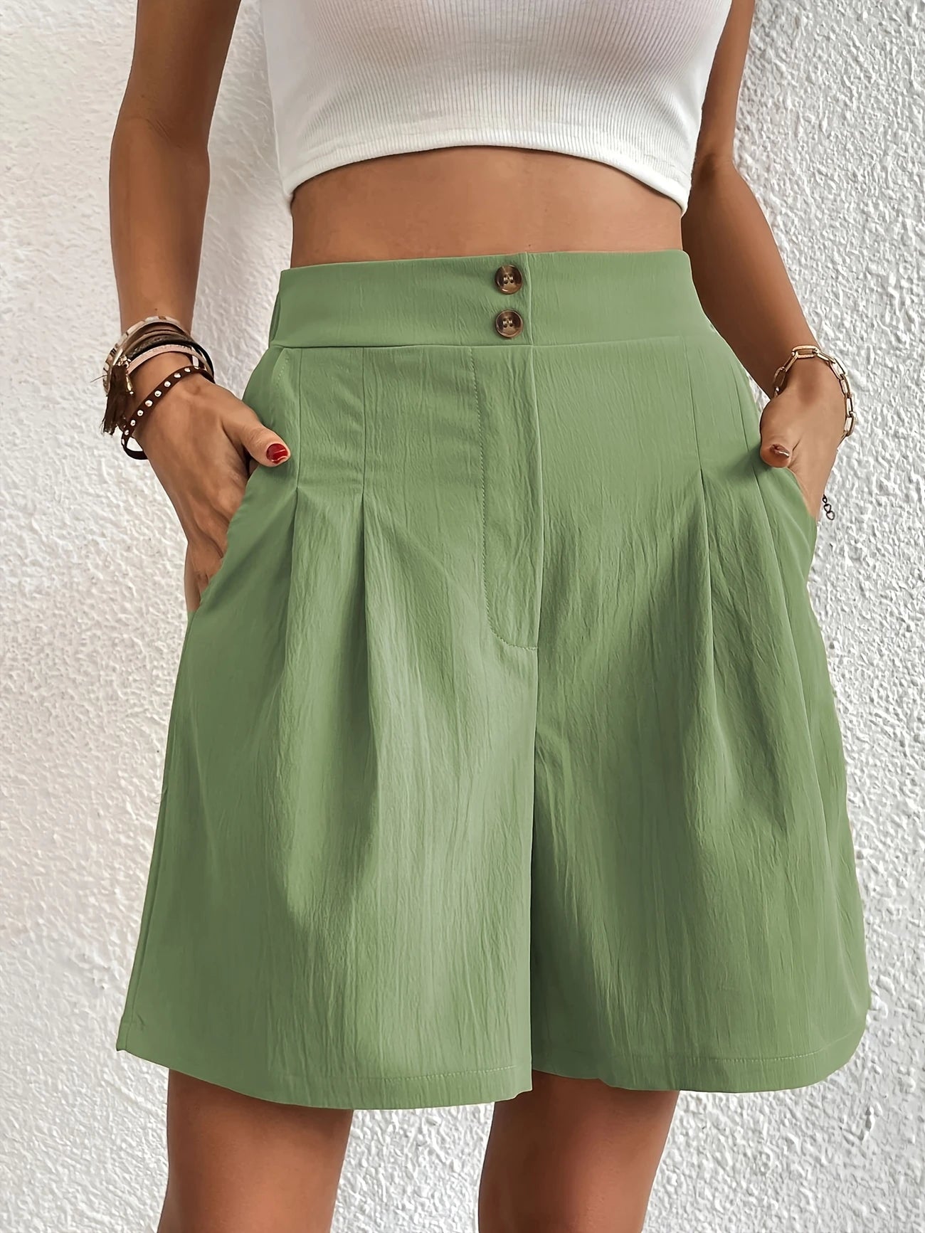 Short de Plage Femme Taille Haute – Coupe Fluide Élégante avec Boutons & Poches
