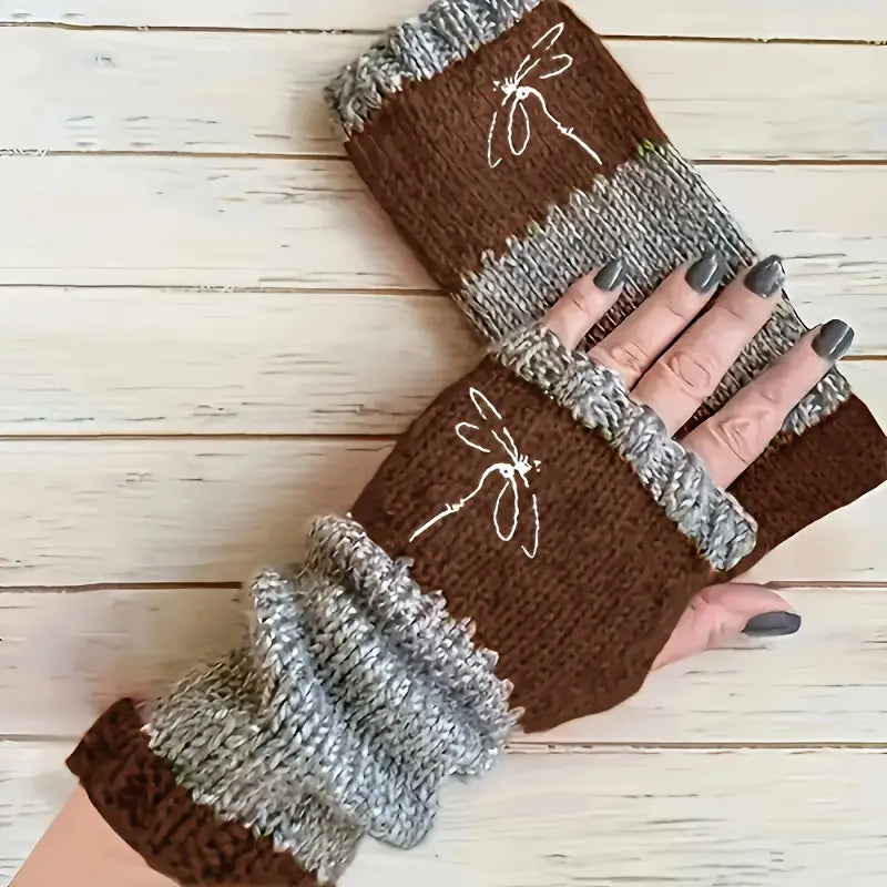 Mitaines en laine tricotées pour homme – Gants sans doigts chauds et confortables avec motif libellule