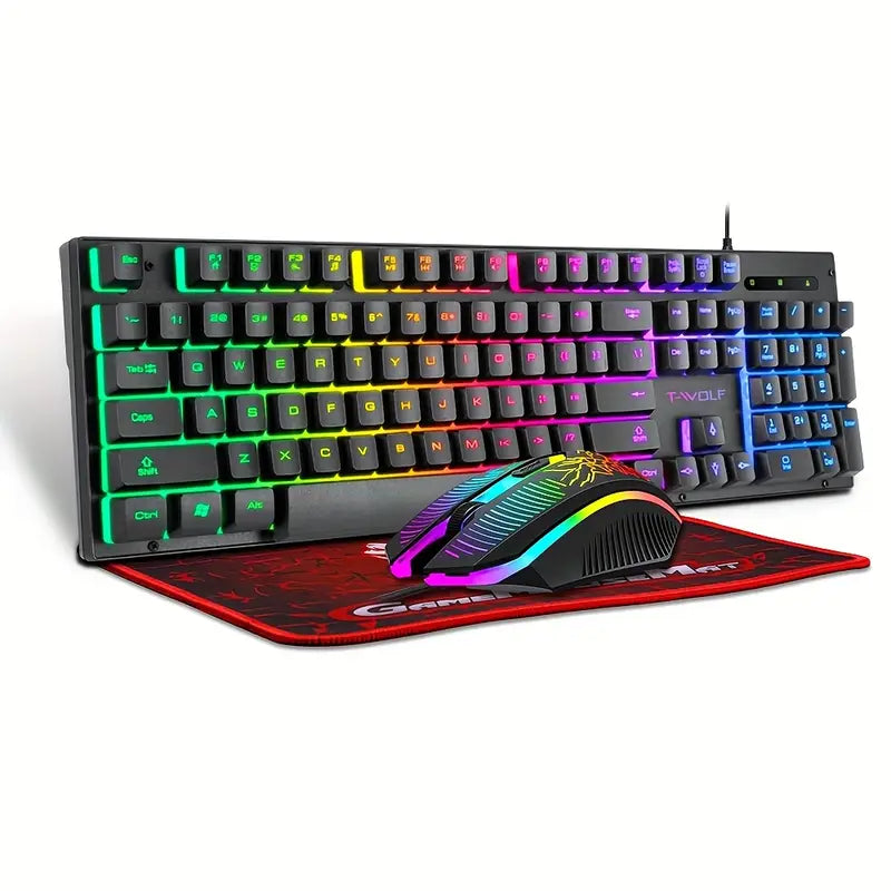 Pack Gaming 3 en 1 – Clavier Filaire T-WOLF + Souris Gamer Ergonomique + Tapis de Souris Antidérapant