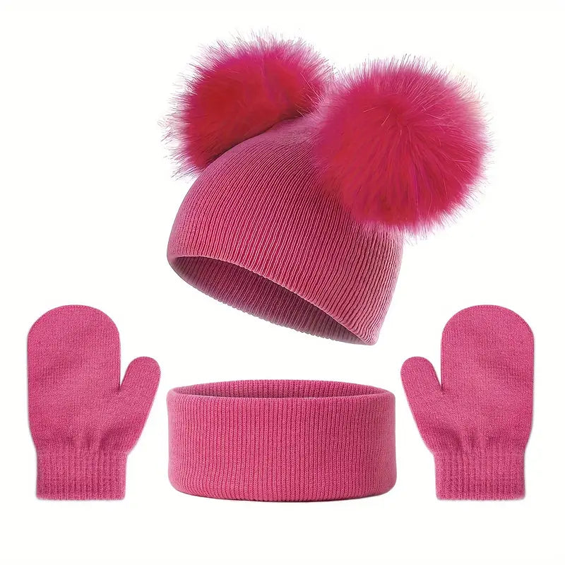 Ensemble Hiver Enfant – Bonnet Pompon Oreilles, Écharpe et Moufles Chaudes
