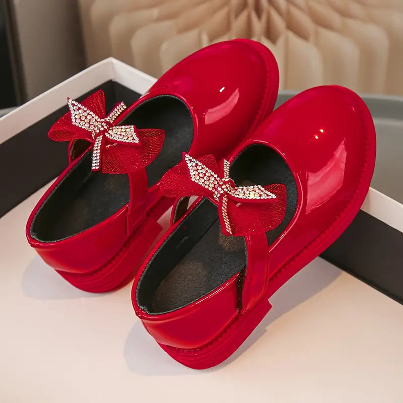 Ballerines fille rouges vernies avec nœud strass – Chaussures élégantes pour fête, cérémonie et mariage