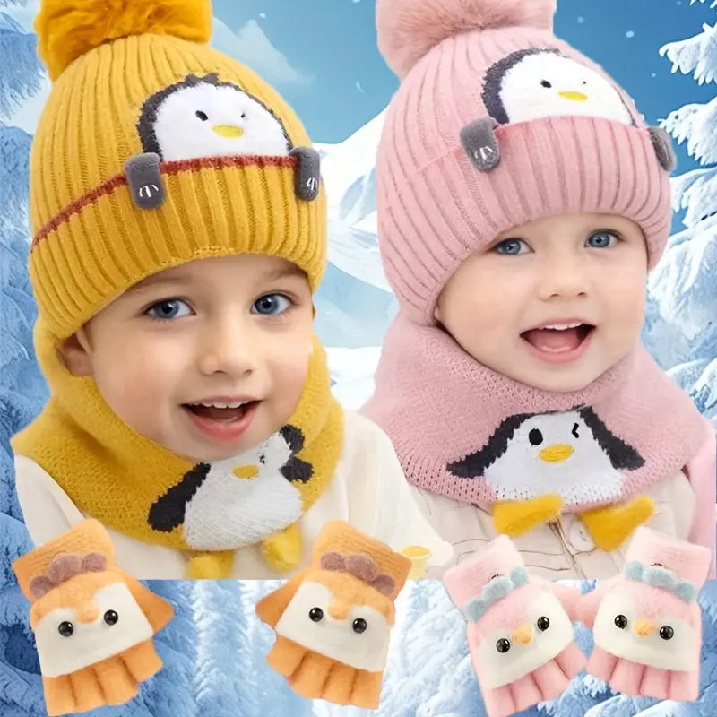 Ensemble Bonnet, Écharpe et Gants Enfant Hiver – Tricot Chaud Motif Pingouin