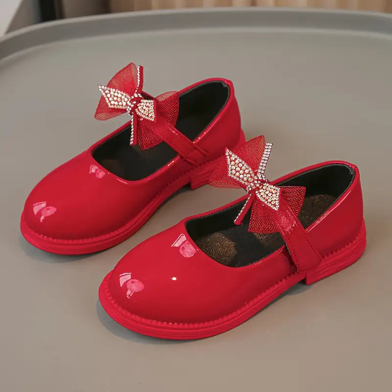 Ballerines fille rouges vernies avec nœud strass – Chaussures élégantes pour fête, cérémonie et mariage