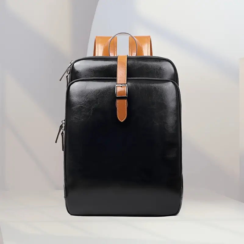 Sac à dos homme en cuir noir élégant – Design professionnel avec bretelles contrastées marron