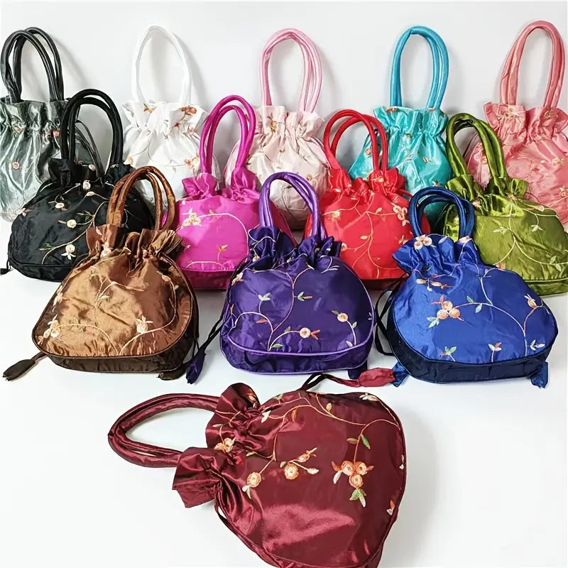 Sac de soirée femme en satin brodé – Pochette élégante à cordon, plusieurs coloris