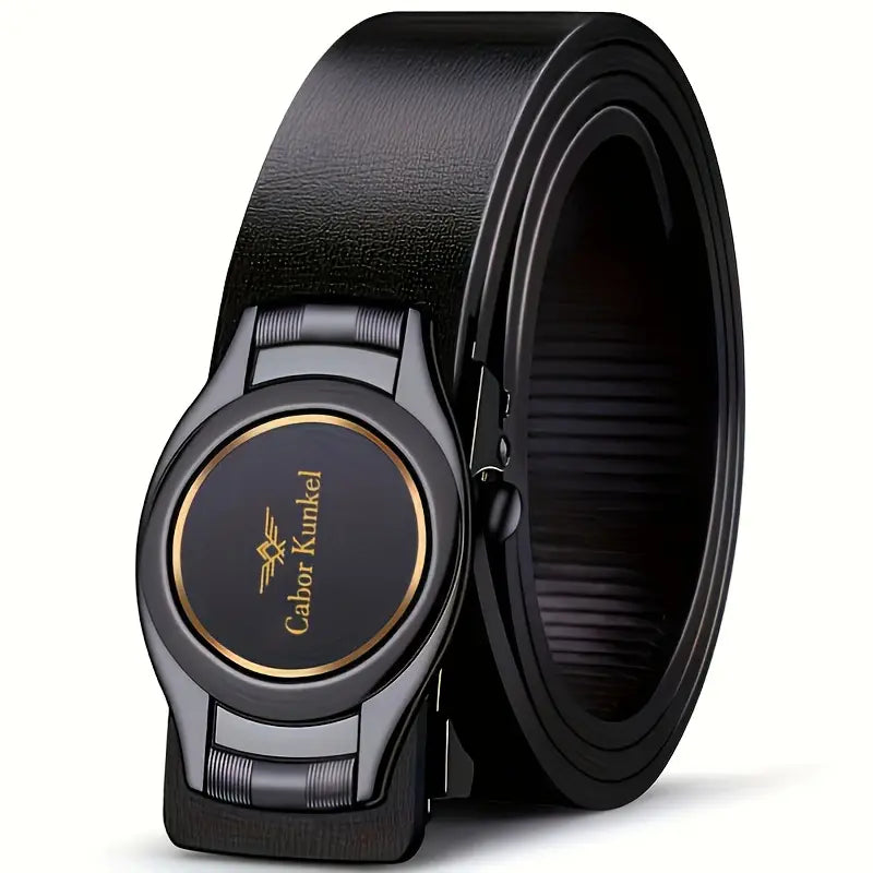 Ceinture homme en cuir avec boucle automatique ronde noire et bleue – Élégance moderne et confort