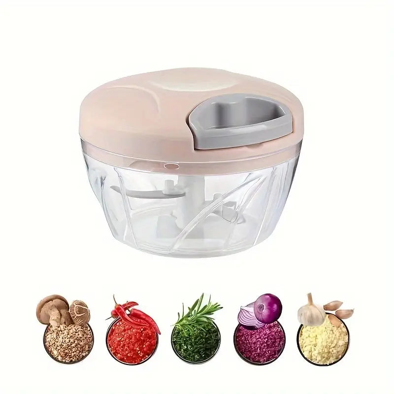 Hachoir Manuel à Corde Multifonction – Coupe-Rapide pour Ail, Oignon, Herbes, Fruits Secs et Légumes – Bol Transparent avec Lames Acier Inoxydable