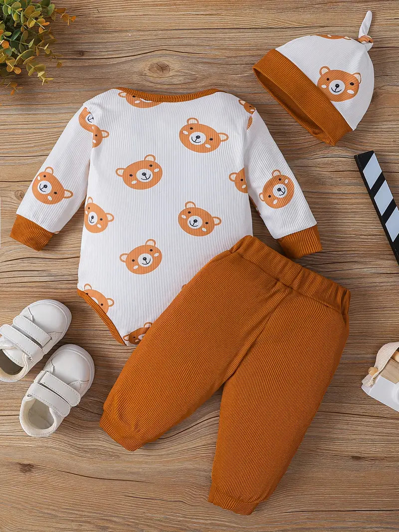 Ensemble Bébé 3 Pièces Motif Ours – Body, Pantalon et Bonnet Coton Confortable